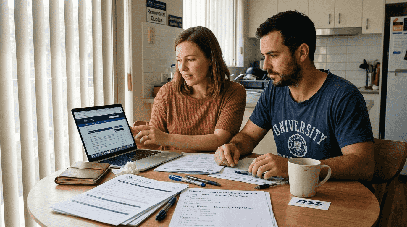 Couple planning international relocation at kitchen table