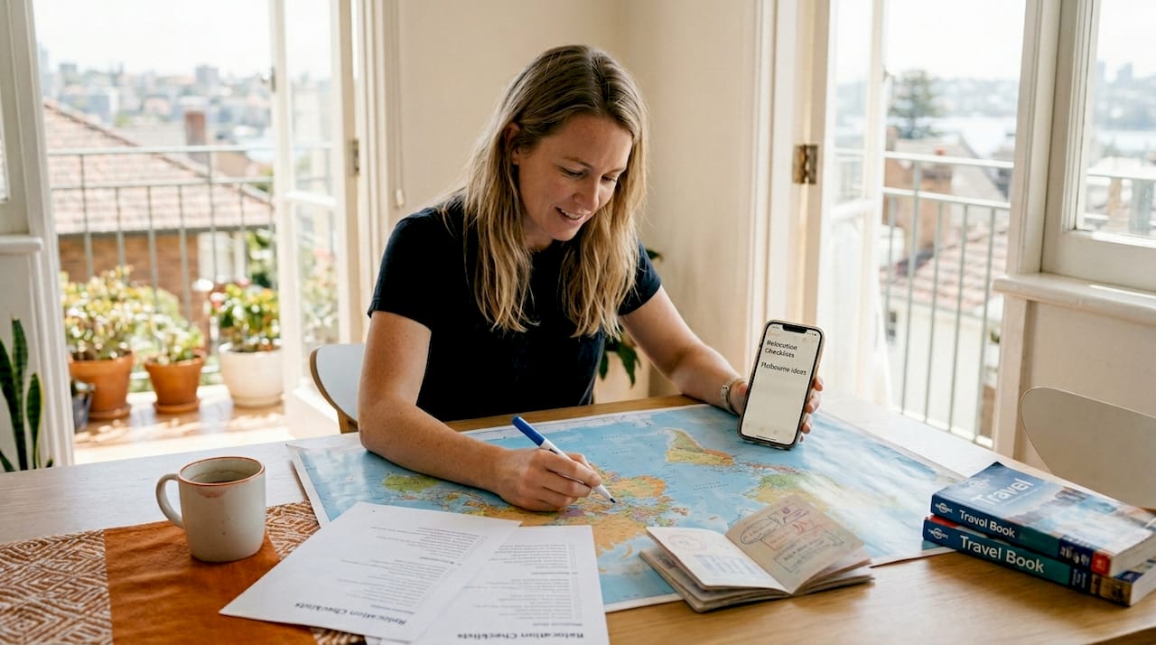 Woman planning overseas move at kitchen table