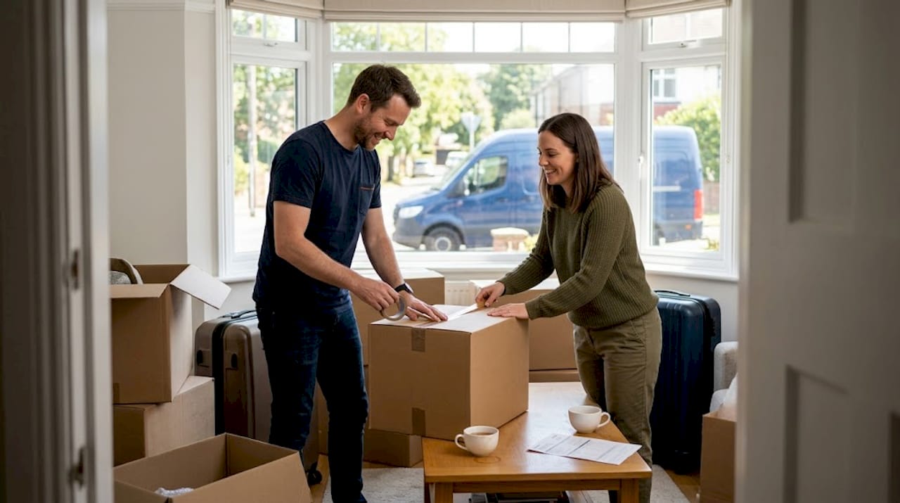 Couple packing boxes for international move